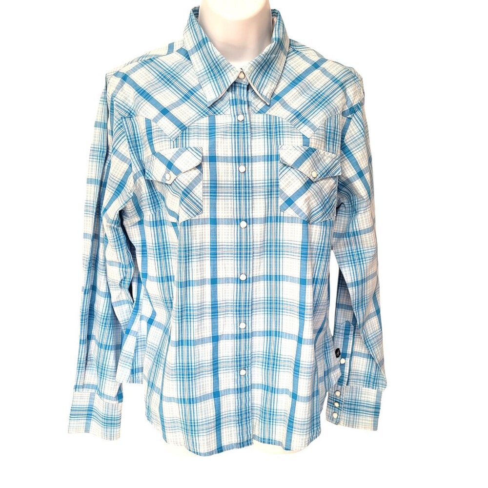 Cruel Girl Western Shirt Large Long Sleeve Pearl Snap Blue Plaid - Picture 9 of 11